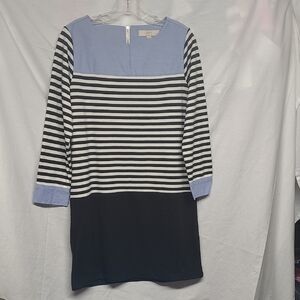 LOFT Navy, Light Blue & White Striped Long Sleeve Shift Dress